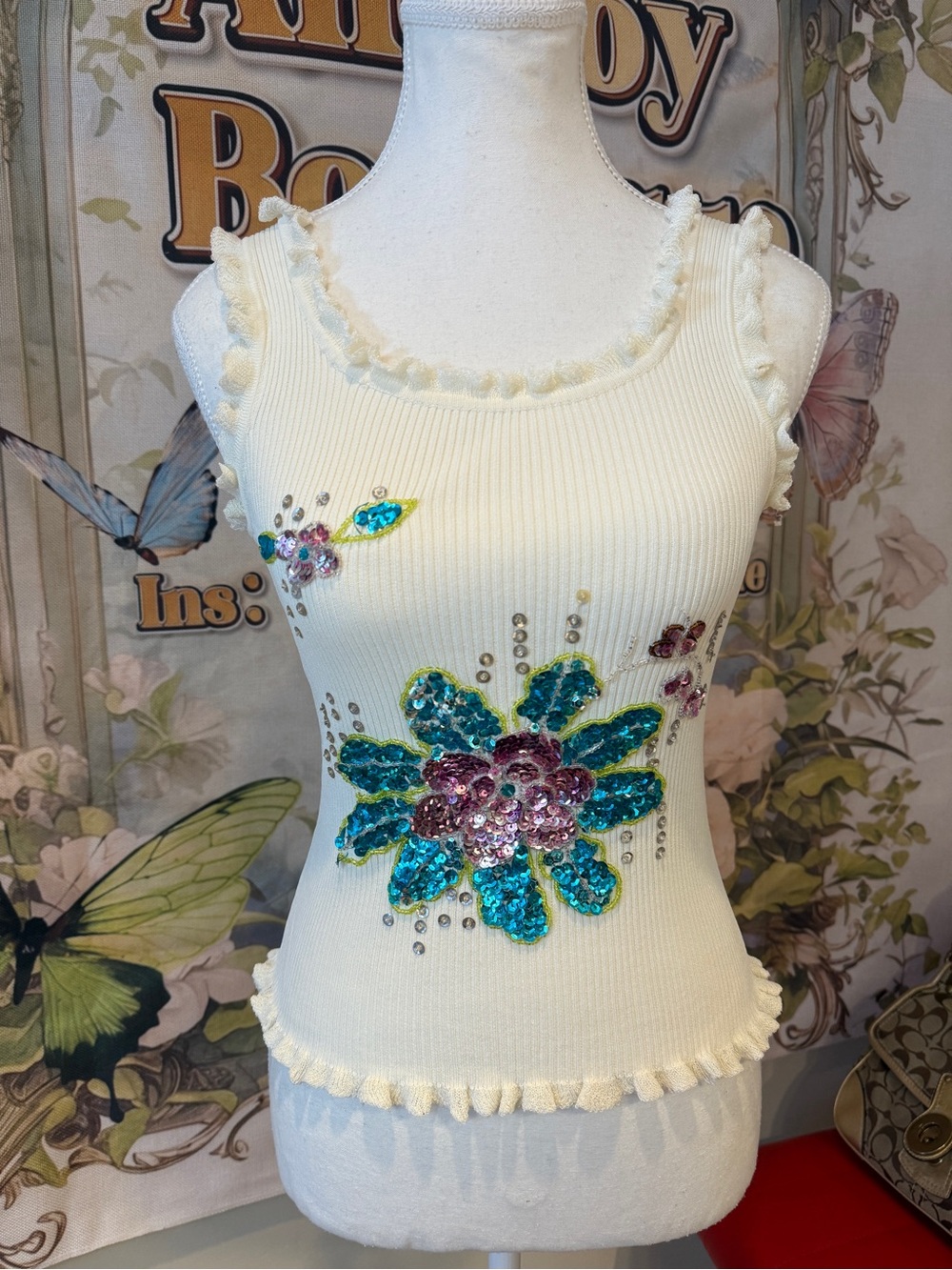 Sequin Floral Ribbed Tank Top - Cream with Blue & Pink Accents
